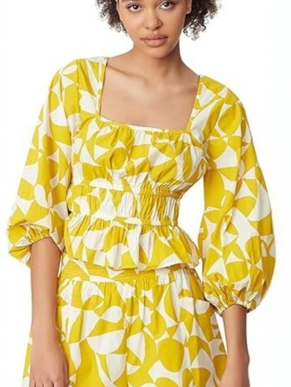 Circus NY Yellow White Geometric Smocked Peplum Blouse Top Size XS